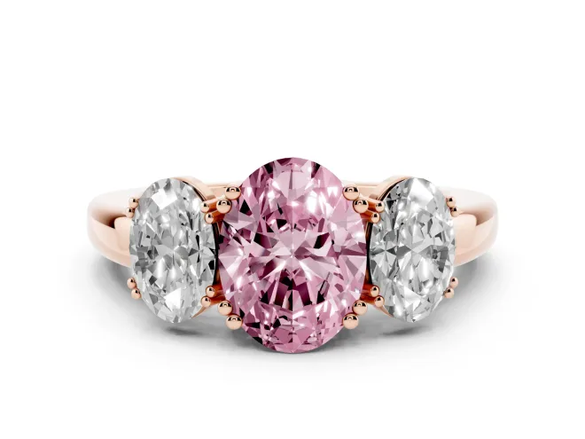Oval Three Stone Engagement Ring Setting for a Fancy Pink Lab-Grown Diamond | Double Claw Head | Rose Gold