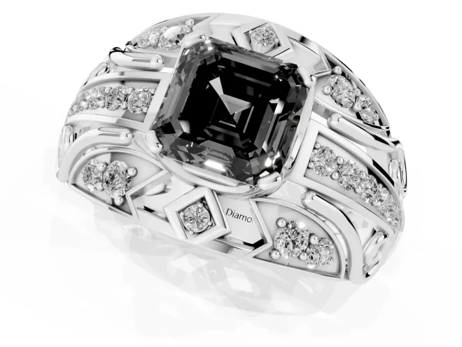 Fancy Black Asscher Cut Diamond Art Deco Ring Set in White gold with Pavé Split Shank – second view