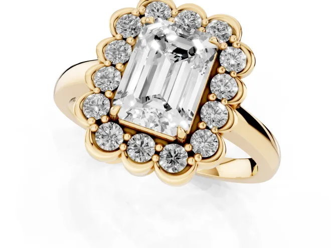 Emerald Cut Diamond Halo Cluster Engagement Ring Set in Yellow gold with Solitaire Band and Prong Setting – second view