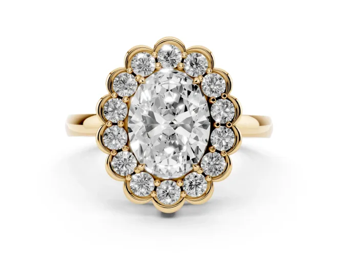 Oval Cut Diamond Halo Cluster Engagement Ring Set in Yellow gold with Solitaire Band and Prong Setting