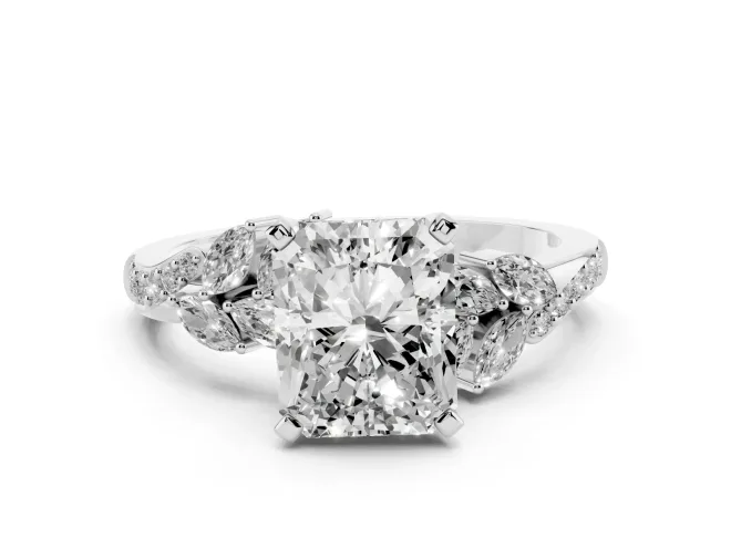 Radiant Cut Diamond Solitaire Ring Set in White gold with Marquise Twist Band and Prong Setting