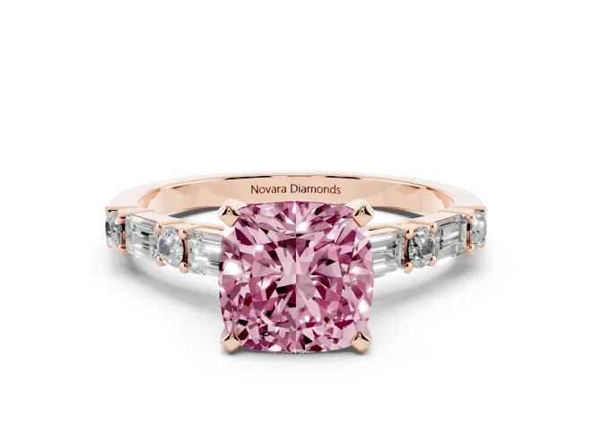 Cushion Cut Baguette Side Stone Engagement Ring Setting for a Fancy Pink Lab-Grown Diamond | Rose Gold
