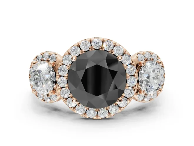 Round Three Stone Halo Engagement Ring Setting for a Black Center | Haloed Side Stones | Rose Gold