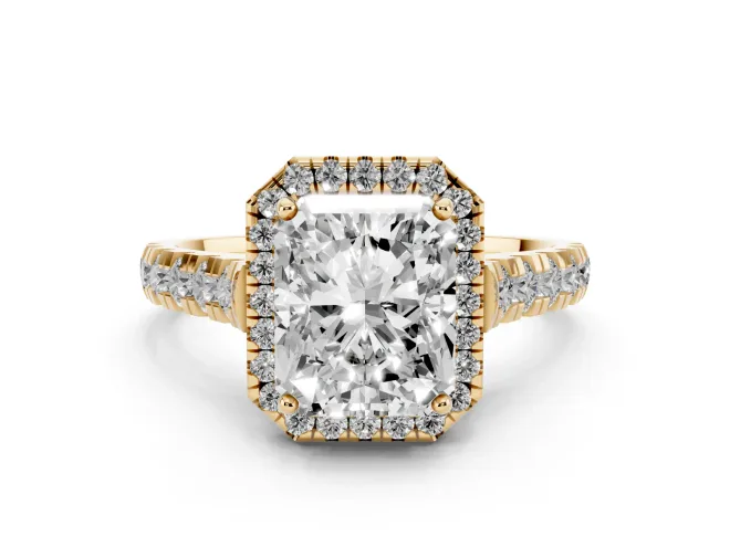 Radiant Cut Halo Engagement Ring Setting | Shared Prong Shoulders | Yellow Gold