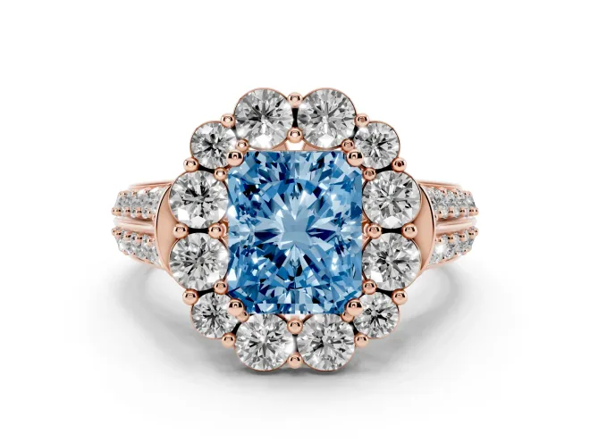 Radiant Cut Large Accent Halo Engagement Ring Setting for a Fancy Blue Lab-Grown Diamond | Rose Gold