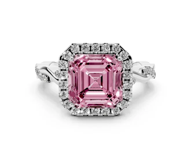Asscher Cut Twist Halo Engagement Ring Setting for a Fancy Pink Lab-Grown Diamond | White Gold