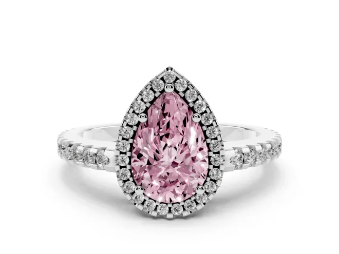 Fancy Pink Pear Cut Diamond Halo Ring Set in White gold with Pavé Shoulders and Halo-Framed Center