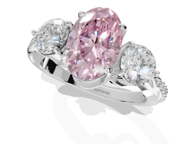 Oval Three Stone Engagement Ring Setting for a Fancy Pink Lab-Grown Diamond | Tapered Pave Band | Sterling Silver – second view