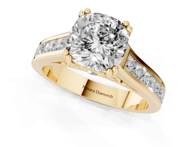Cushion Cut Diamond Channel Set Solitaire Engagement Ring Set in Yellow gold with Prong Setting – second view