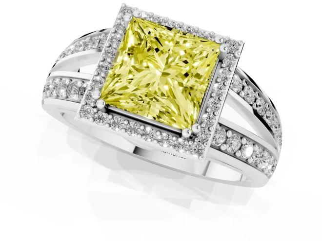 Fancy Yellow Princess Cut Diamond Halo Ring Set in Platinum with Double Pavé Split Shank – second view