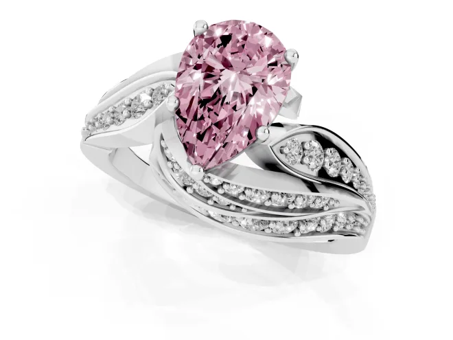 Fancy Pink Pear Cut Diamond Solitaire Ring Set in White gold with Layered Twist Pavé Band – second view