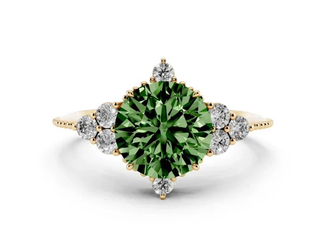 Fancy Green Round Cut Diamond Cluster Ring Set in Yellow gold with Beaded Band