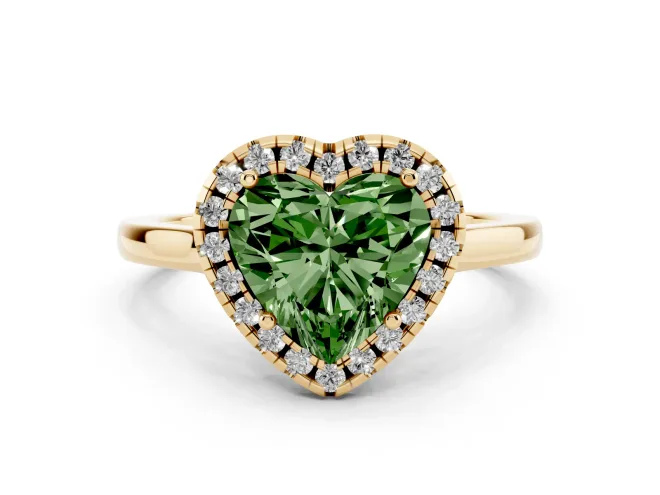 Fancy Green Heart Cut Halo Round Diamond Solitaire Ring Set in Yellow gold with Pavé Band and Prong Setting