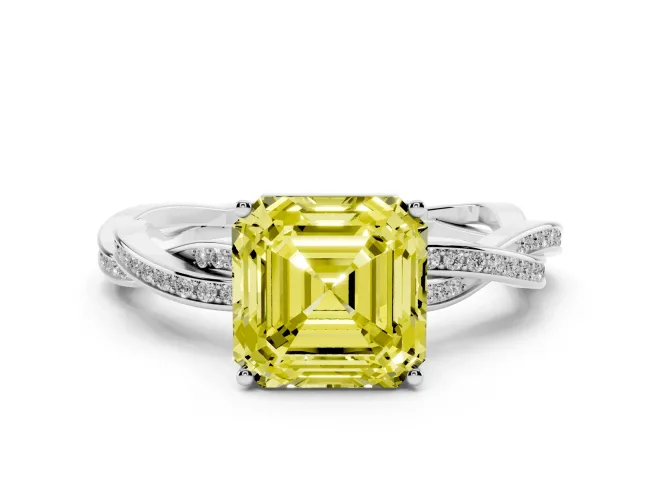 Asscher Cut Twisted Pavé Solitaire Engagement Ring Setting for a Fancy Yellow Lab-Grown Diamond | White Gold