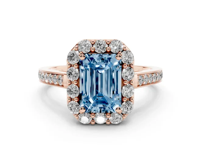 Emerald Cut Floral Halo Engagement Ring Setting for a Fancy Blue Lab-Grown Diamond | Large Round Accents | Rose Gold