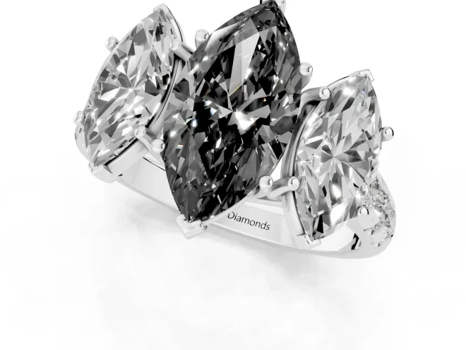 Fancy Black Marquise Cut Diamond Three-Stone Ring Set in White gold with Pavé Band – second view