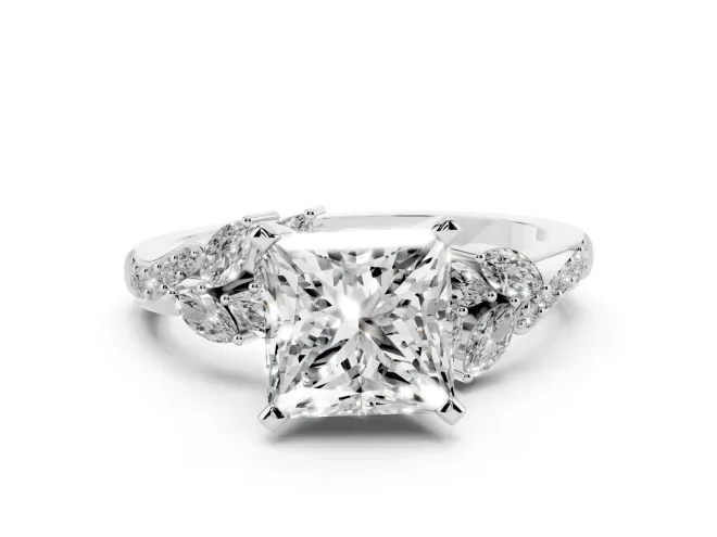 Princess Cut Floral Engagement Ring Setting | Marquise Side Stones | White Gold