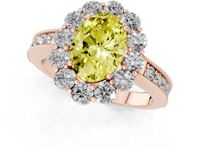 Fancy Yellow Oval Cut Diamond Halo Pavé Engagement Ring Set in Rose gold with Milgrain Detailing – second view
