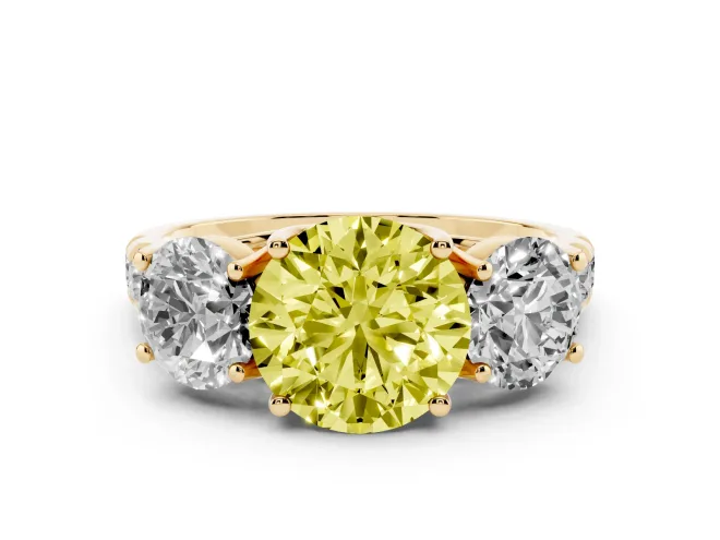 Fancy Yellow Round Cut Diamond Three-Stone Ring Set in Yellow gold with Pavé Band