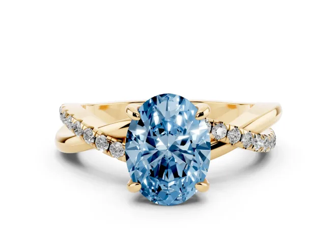 Oval Twist Engagement Ring Setting for a Fancy Blue Lab-Grown Diamond | Crossover Band | Yellow Gold
