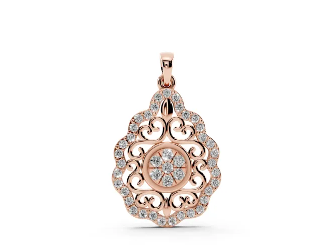 Round Lab-Grown Diamond Vintage Filigree Cluster Pendant Necklace | Pavé Teardrop Frame | Rose Gold