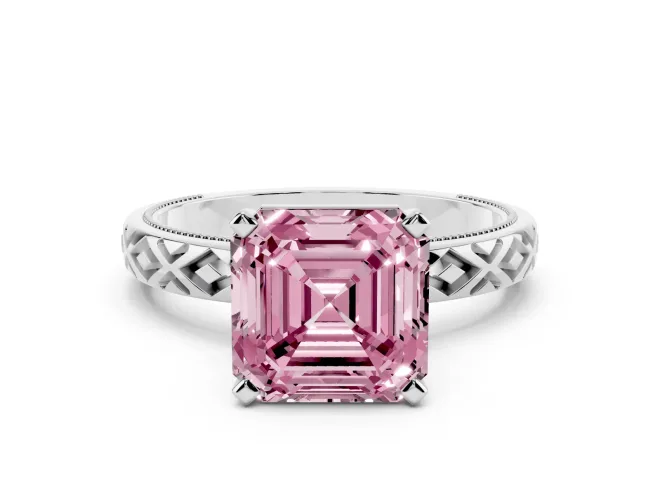 Asscher Cut Vintage Milgrain Engagement Ring Setting for a Fancy Pink Lab-Grown Diamond | X Pattern Band | White Gold