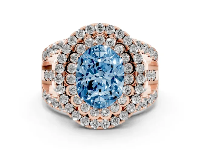 Fancy Blue Oval Cut Diamond Double Halo Ring Set in Rose gold with Round Pavé Split Shank
