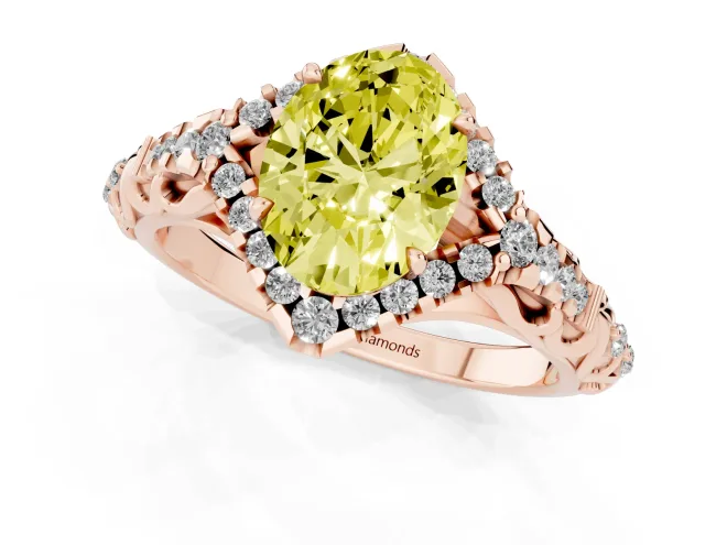 Fancy Yellow Oval Cut Diamond Solitaire Ring Set in Rose gold with Hidden Halo and Pavé Band – second view