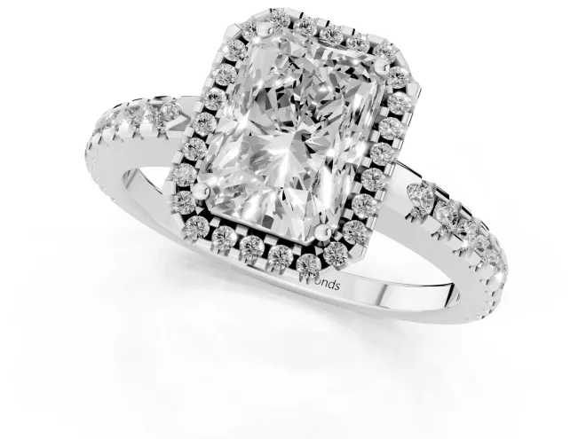 Radiant Cut Diamond Halo Ring Set in Silver with Pavé Shoulders and Halo-Framed Center – second view