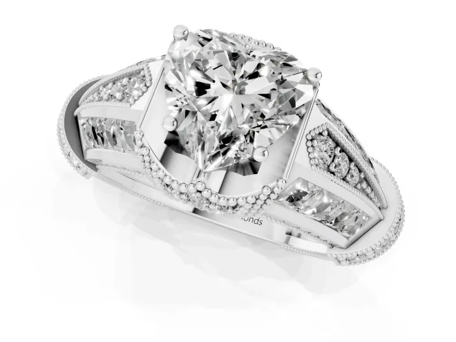Heart Cut Diamond Vintage-Inspired Milgrain Ring Set in Platinum with Accent Split Shank – second view