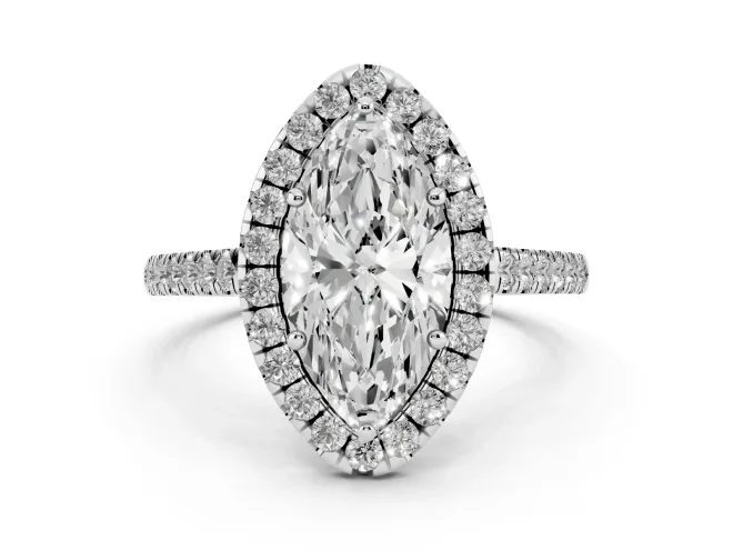 Marquise Cut Diamond Halo Pavé Engagement Ring Set in White gold with Prong Setting