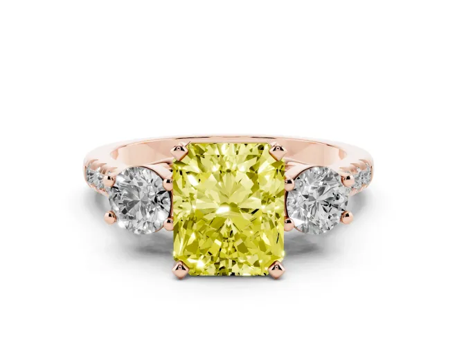 Radiant Cut Three-Stone Engagement Ring Setting for a Fancy Yellow Lab-Grown Diamond | Rose Gold