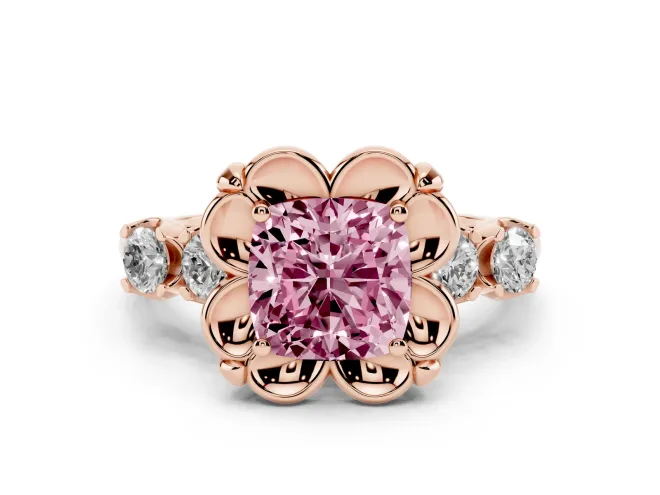 Fancy Pink Cushion Cut Diamond Floral Halo Ring Set in Rose gold with Shared Prong Band