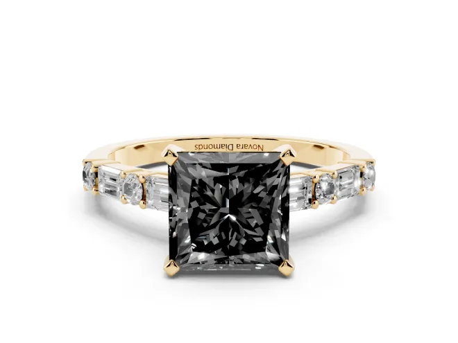 Princess Cut Baguette Side Stone Engagement Ring Setting for a Black Center | Yellow Gold
