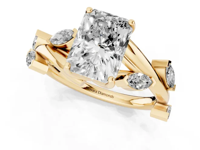 Radiant Cut Diamond Solitaire Ring Set in Yellow gold with Twisted Marquise Accent Band – second view