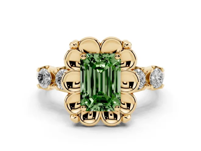 Fancy Green Emerald Cut Diamond Floral Halo Ring Set in Yellow gold with Shared Prong Band