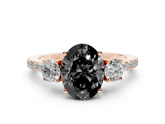 Oval Three Stone Engagement Ring Setting for a Black Center | Pavé Shoulders | Rose Gold