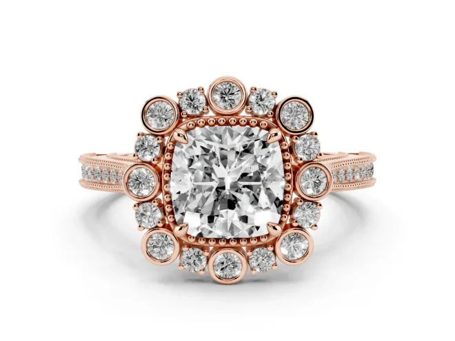 Cushion Cut Diamond Halo Milgrain Pavé Ring Set in Rose gold with Prong Setting