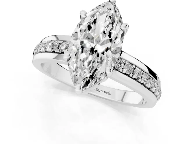 Marquise Cut Diamond Solitaire Ring Set in Platinum with Channel Set Band and Prong Setting – second view