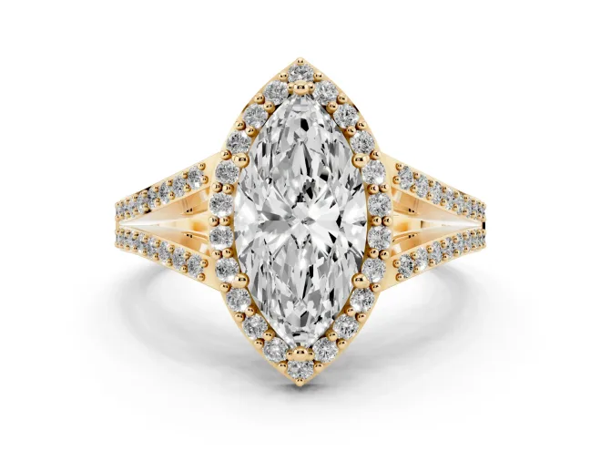 Marquise Cut Diamond Halo Split Shank Pavé Ring Set in Yellow gold with Prong Setting
