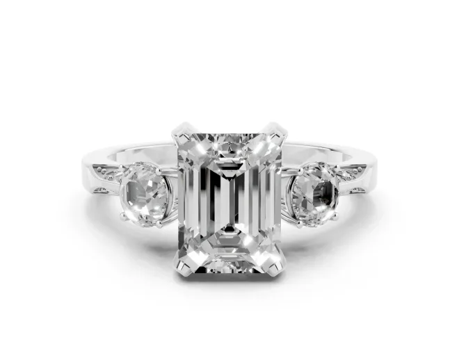 Emerald Cut Hidden Halo Three Stone Engagement Ring Setting for a Fancy Green Lab-Grown Diamond | Sterling Silver