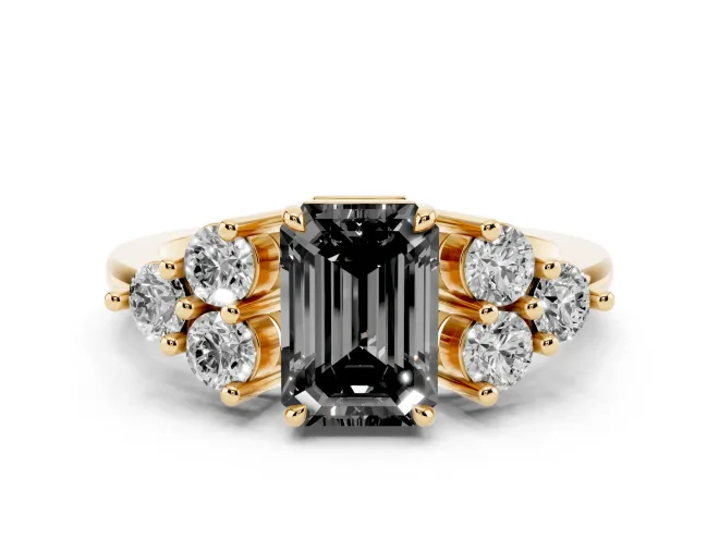 Fancy Black Emerald Cut Diamond Solitaire Ring Set in Yellow gold with Cluster Accents on Each Side
