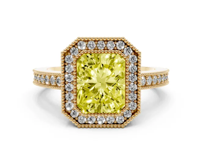 Fancy Yellow Radiant Cut Diamond Halo Engagement Ring Set in Yellow gold with Pavé Band and Round Halo Stones