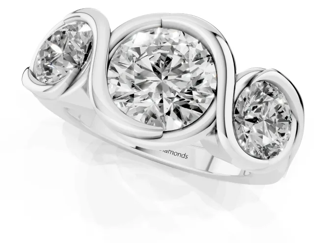 Round Cut Diamond Three-Stone Wave Ring Set in Silver with Bezel Setting – second view
