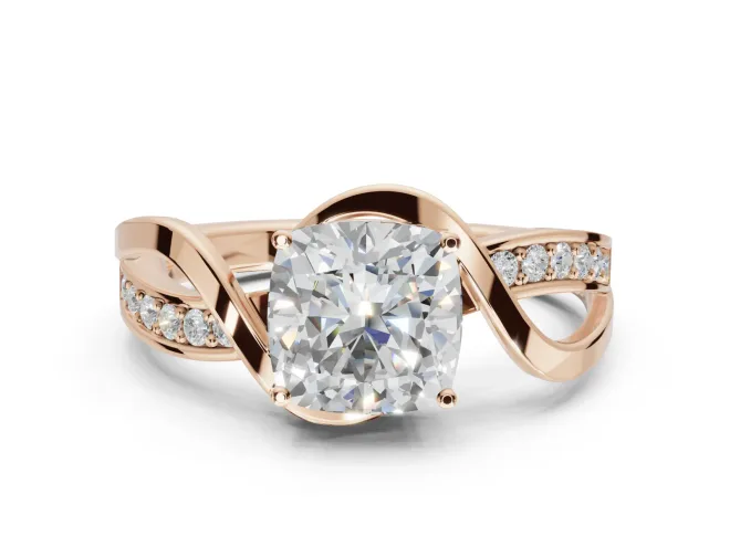 Cushion Cut Bypass Solitaire Engagement Ring Setting | Pavé and Plain Strands | Rose Gold