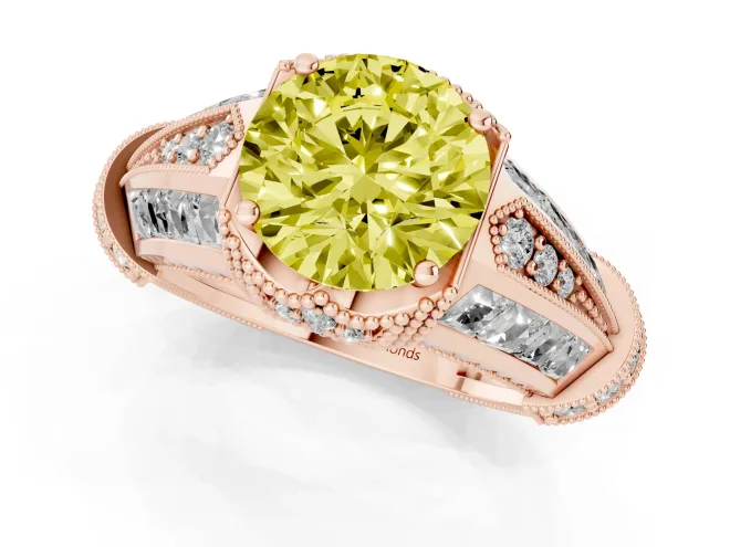 Fancy Yellow Round Cut Diamond Vintage-Inspired Milgrain Ring Set in Rose gold with Accent Split Shank – second view