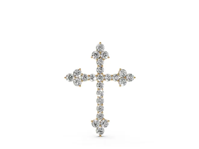 Round Lab-Grown Diamond Cross Pendant Necklace | Trefoil Tips | Yellow Gold