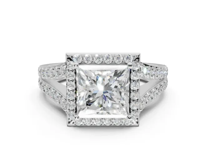 Princess Cut Halo Pavé Engagement Ring Setting | Narrow Split Shank | Sterling Silver