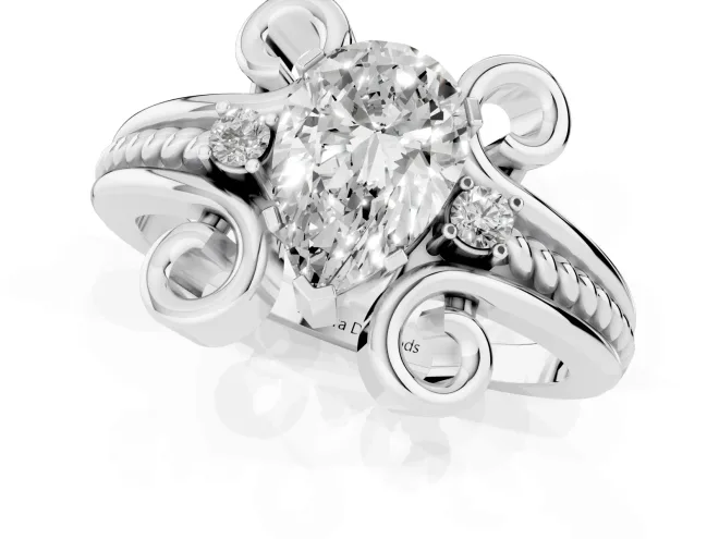Pear Cut Diamond Twisted Band Solitaire Ring Set in White gold with Scroll Prongs – second view