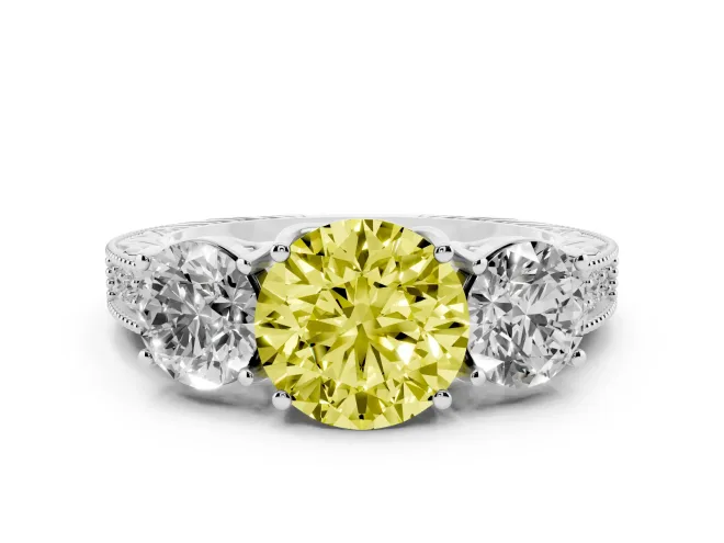 Round Vintage Three Stone Engagement Ring Setting for a Fancy Yellow Lab-Grown Diamond | Sterling Silver